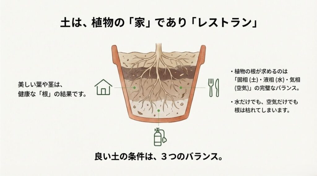 植物の根が求める固相・液相・気相の完璧なバランス「三相分布」の解説図