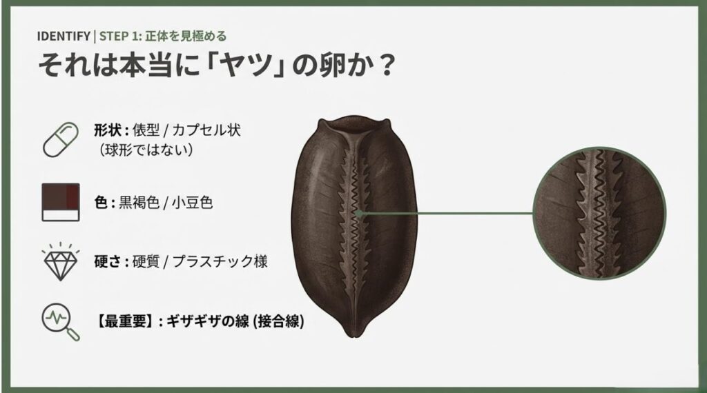 俵型の形状、黒褐色の色、そして最大の特徴であるギザギザの接合線を詳しく解説したスライド