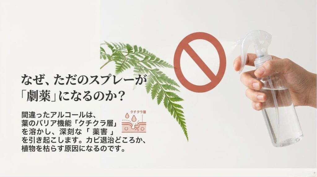 アルコールが葉のバリア機能であるクチクラ層を溶かし、深刻な薬害を引き起こすことを説明する図解
