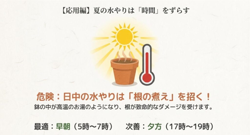 照りつける太陽と温度計のイラスト。「夏の水やりは時間をずらす」と題し、日中の水やりによる「根の煮え」を警告。最適時間は早朝5〜7時、次善は夕方と案内しているスライド