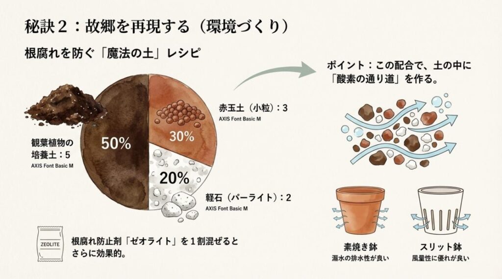 ユーカリの根腐れを防ぐための赤玉土と培養土の黄金比率配合レシピ