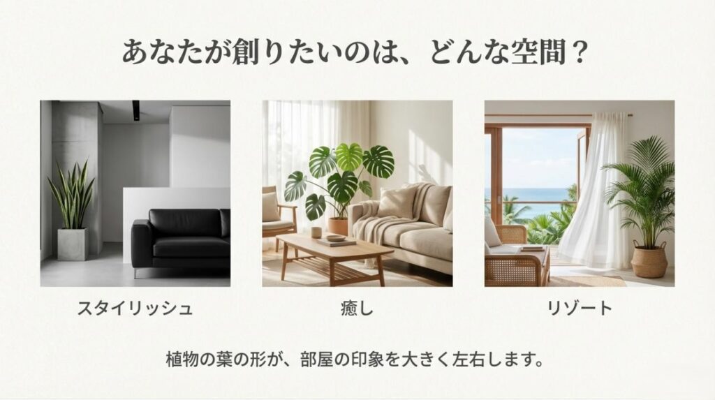 スタイリッシュ、癒し、リゾートの3つの空間イメージとそれぞれの植物