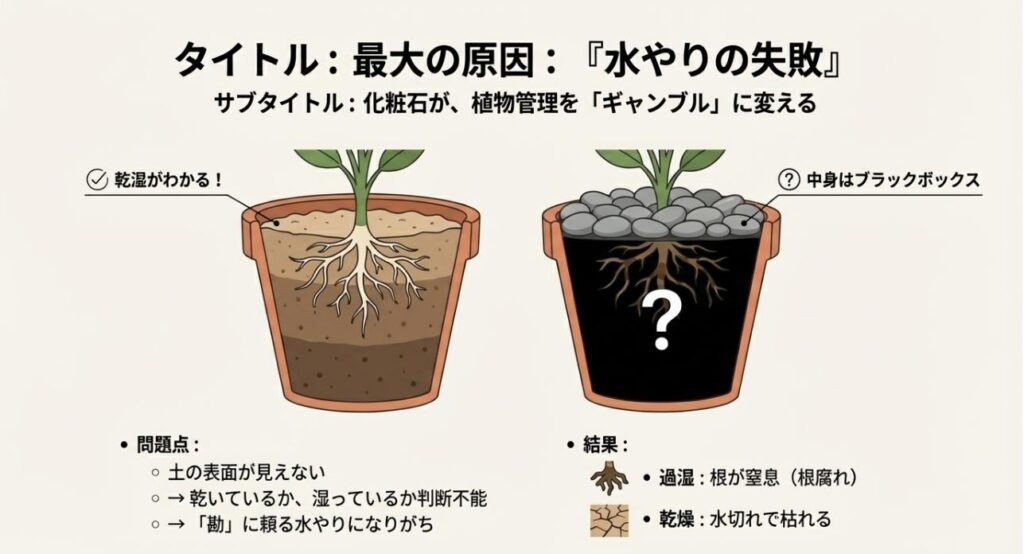 化粧石で土の表面が見えず、根が窒息したり水切れを起こしたりしている様子を示す鉢の断面図