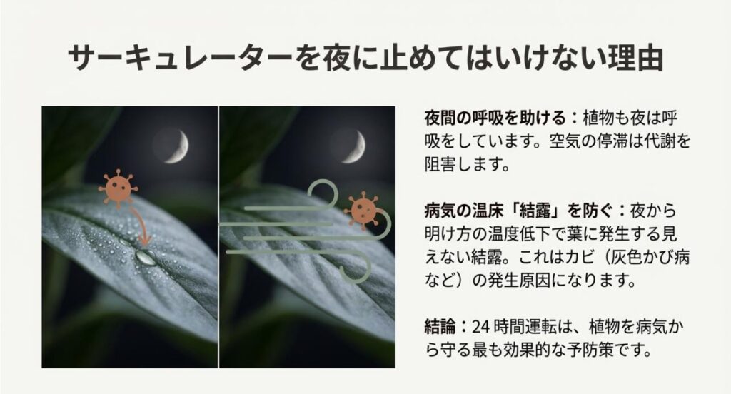 夜間の呼吸を助け、カビの原因となる結露を防ぐために24時間風を回す重要性