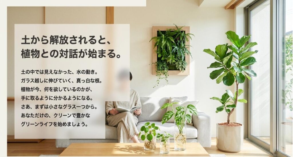 ガラス越しに伸びる白い根を観察し、植物との対話を楽しむメッセージが書かれたスライド