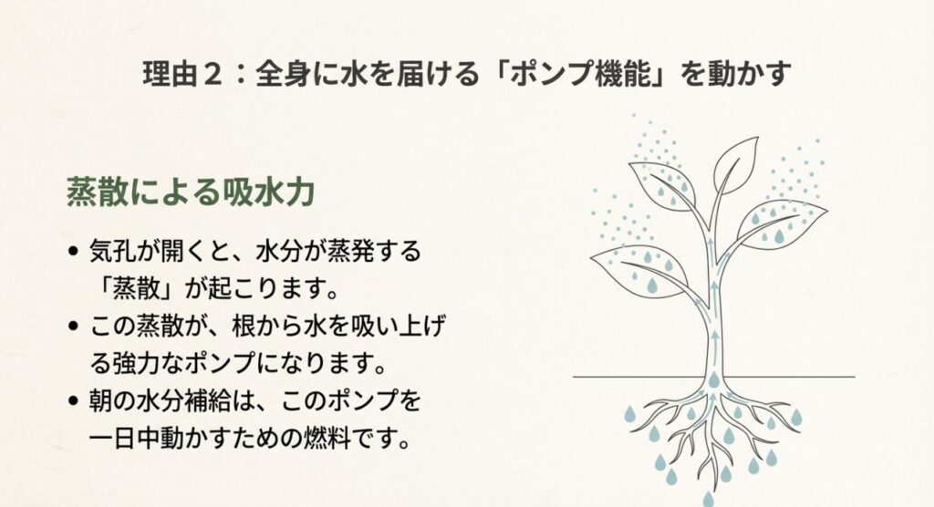 植物の根から茎、葉へと水が吸い上げられる様子を描いたイラスト。「全身に水を届けるポンプ機能を動かす」と題し、蒸散が水を吸い上げる力になることを解説したスライド