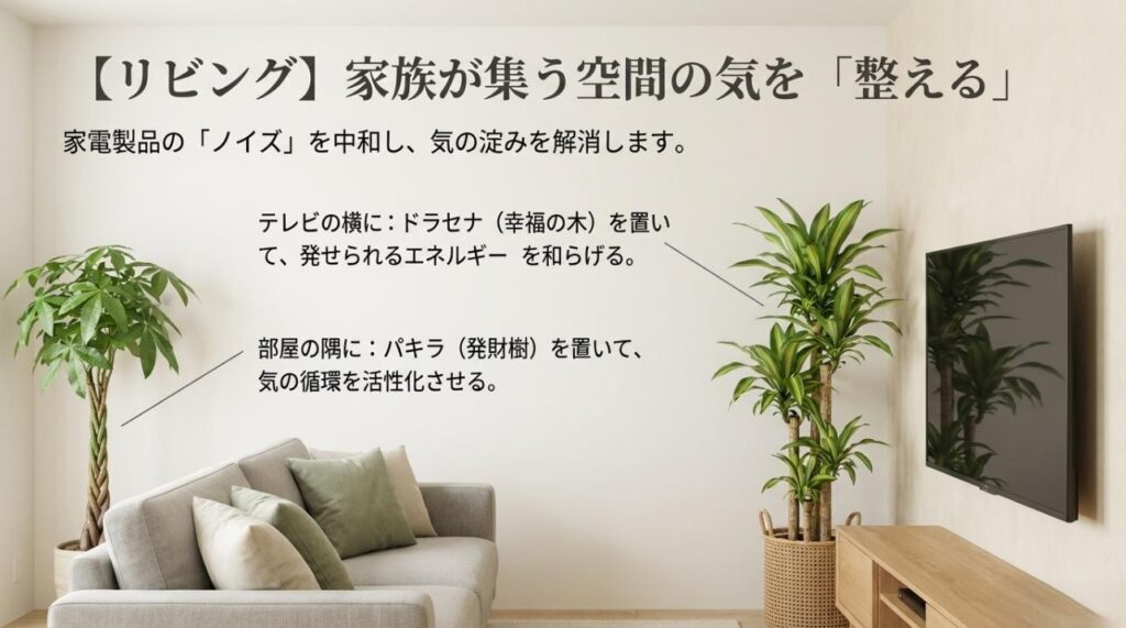 ドラセナやパキラをリビングのテレビ横や部屋の隅に置くことで、気の淀みを解消する解説スライド