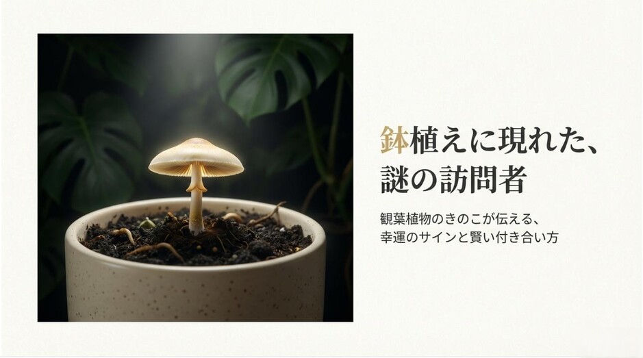 鉢植えに生えたきのこの写真と、幸運のサインと賢い付き合い方を伝えるタイトルのアイキャッチ画像