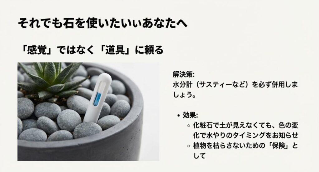 化粧石が敷き詰められた鉢に、水やりチェッカー（サスティー）が刺さっている写真