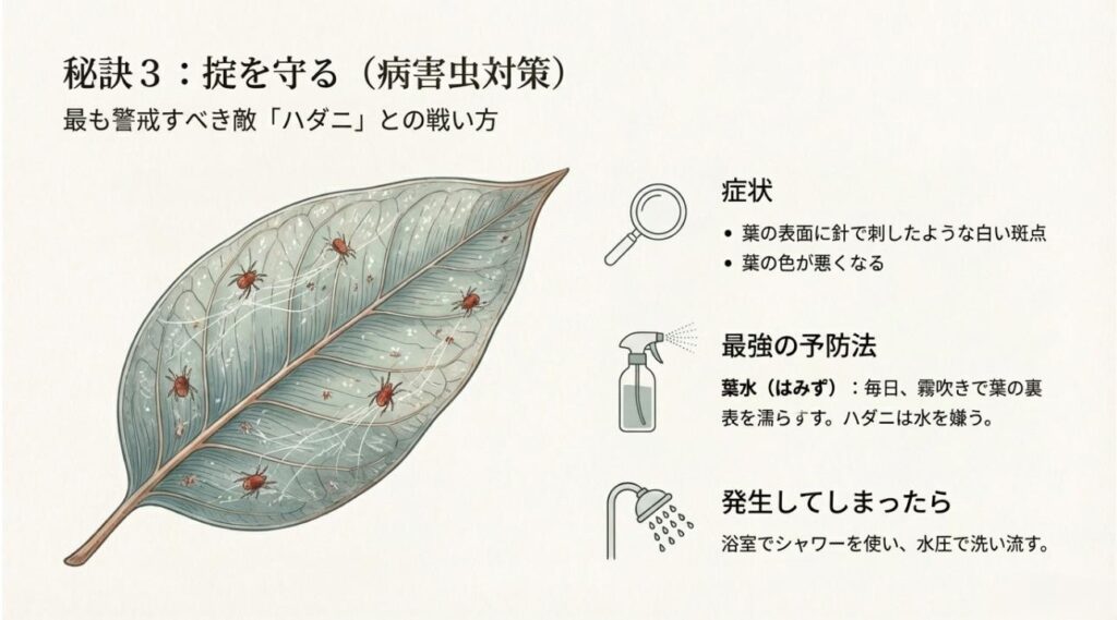 ユーカリの葉につくハダニの症状と葉水による予防対策