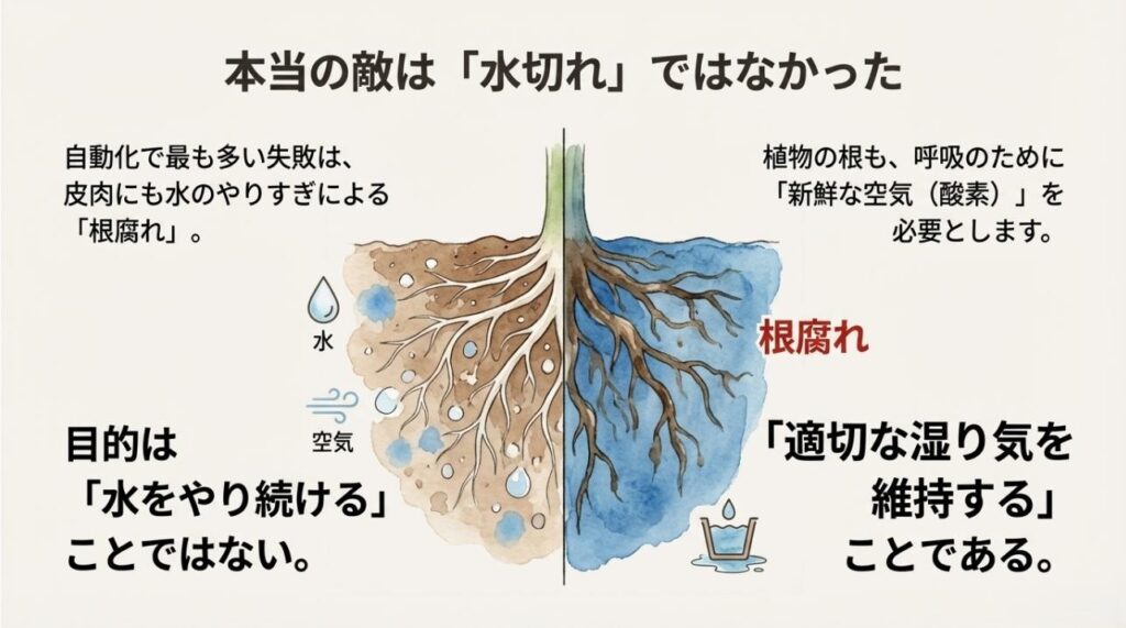 植物の根が呼吸するために必要な「水」と「空気（酸素）」の適切な湿り気を維持する仕組みの解説
