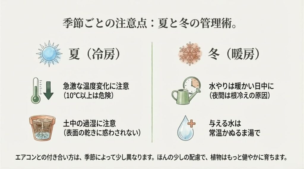 夏の急激な温度変化（10℃以上）への注意と、冬の暖かい日中にぬるま湯で行う水やりポイント