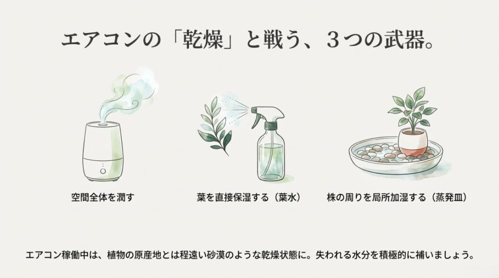 加湿器での空間全体加湿、霧吹きでの葉面保湿（葉水）、蒸発皿を用いた局所加湿の解説