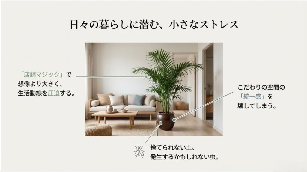 おしゃれなリビングに大きすぎる植物が置かれ、生活動線を圧迫しているイメージ