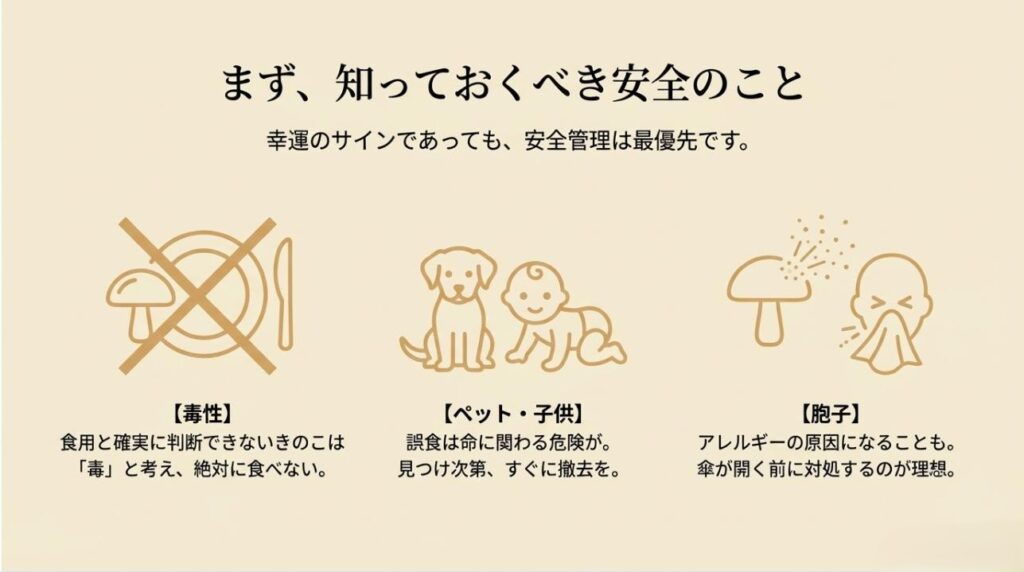 食用禁止、ペットや子供の誤食注意、胞子アレルギーへの対策をアイコンで示す安全管理スライド