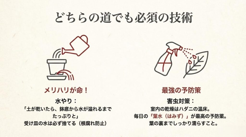 土が乾いたらたっぷりと水を与える基本の動作と、ハダニ予防に効果的な葉水（シリンジ）の解説