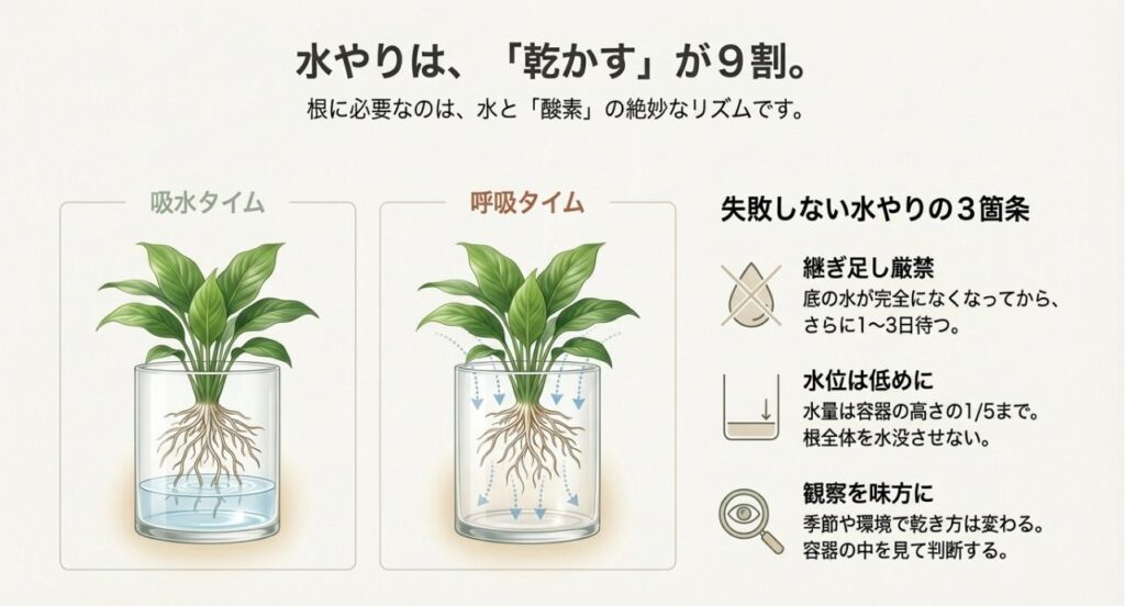 吸水タイム（水位1/5）と呼吸タイム（底の水がなくなって数日待つ）の重要性を説いた図解