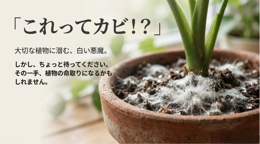 白いカビに対して安易にアルコールスプレーを使用することへの注意を促す警告スライド