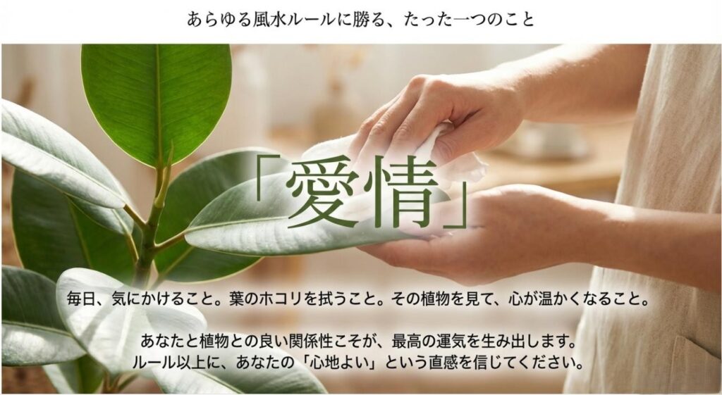 毎日気にかける、ホコリを拭うといった愛情こそが最高の運気を生み出すという、最も重要な心得を記したスライド