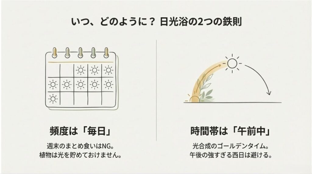 太陽の動きのイラストとともに、頻度は「毎日」、時間帯は「午前中」がベストであることを示すガイド図