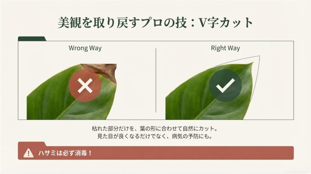 葉先を真横に切るNG例と、自然な尖りを見せるV字カットの成功例を比較したビジュアルガイド