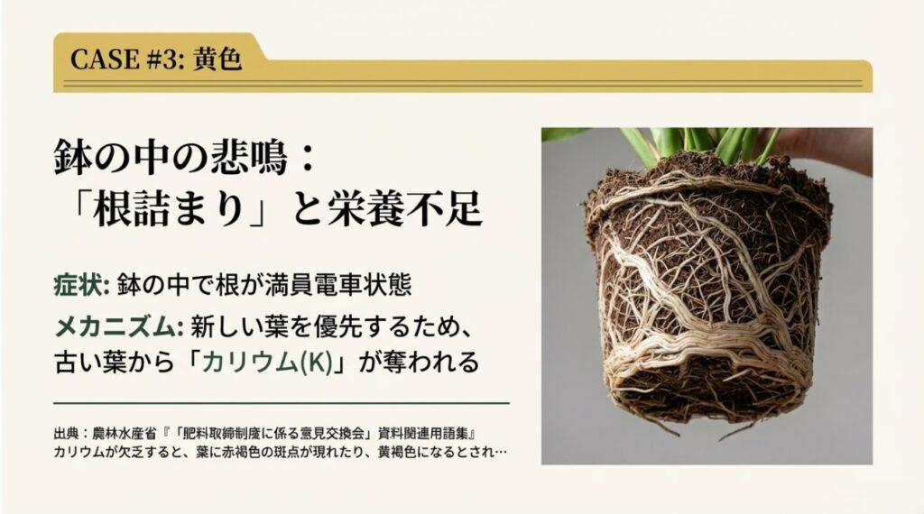 鉢の中で根が詰まった写真と、カリウム不足により古い葉から黄褐色に変わるメカニズムの解説