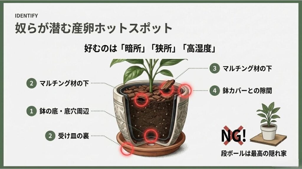 鉢底、受け皿、マルチング材の下、段ボールなど、ゴキブリが好む産卵場所をイラストで示したスライド