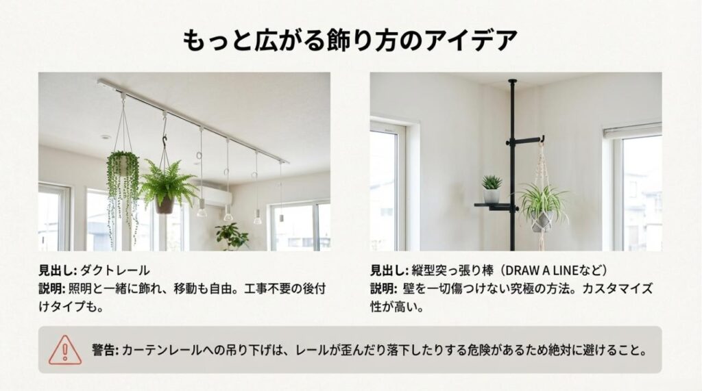 照明と一緒に飾れるダクトレールと、壁を傷つけない縦型突っ張り棒の活用例。カーテンレール使用禁止の警告付き