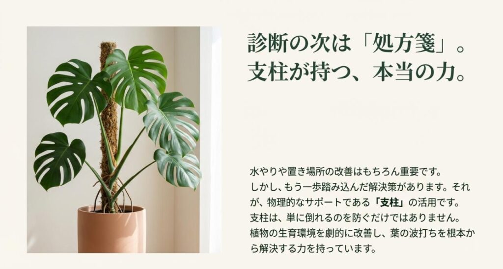 支柱は単に倒れるのを防ぐだけでなく、生育環境を改善し葉の波打ちを根本から解決する力があることを説明したスライド