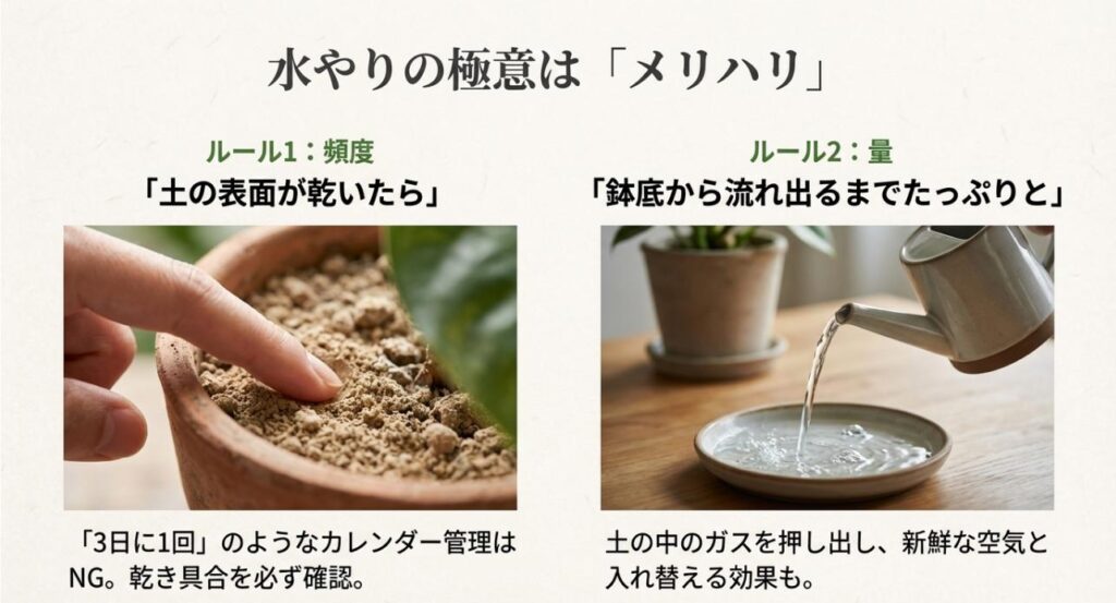 乾いた土を指で確認する写真と、受け皿に水が出るまで注いでいる写真。「水やりの極意はメリハリ」とし、土が乾いたらたっぷりとあげることの重要性と、土内のガス交換効果について解説したスライド