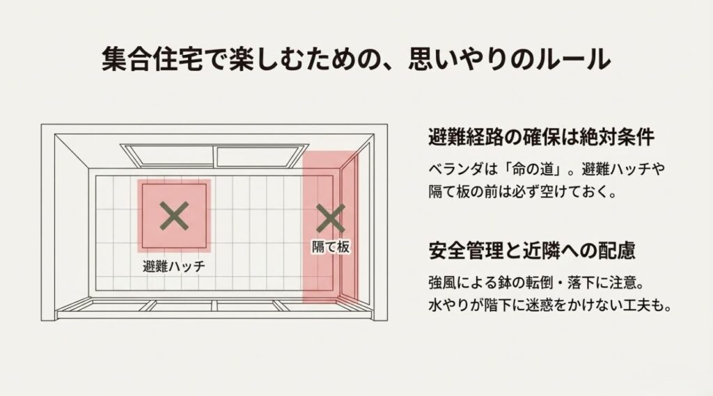 集合住宅のベランダで植物を楽しむためのルール。避難ハッチや隔て板の周りを空ける安全管理の図解