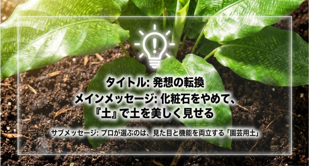 「化粧石をやめて、土で土を美しく見せる」という新しい提案を示すスライド画像