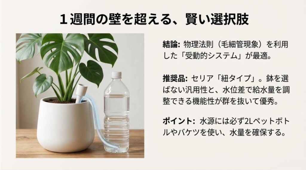 ペットボトルと紐（ウィック）を使い、毛細管現象を利用して鉢に給水する受動的システムの設置例