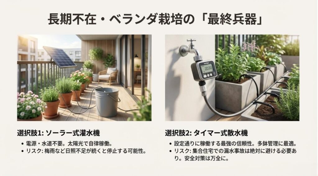 電源不要のソーラー式灌水機と、信頼性の高いタイマー式散水機のそれぞれの特徴とリスク