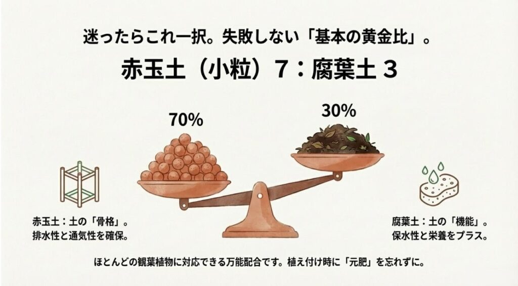赤玉土7と腐葉土3の割合を示す天秤のイラストとそれぞれの役割（排水・通気・保水・栄養）の解説