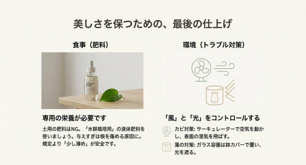 水耕栽培用肥料の選び方、サーキュレーターによるカビ対策、鉢カバーによる藻の対策をまとめたスライド