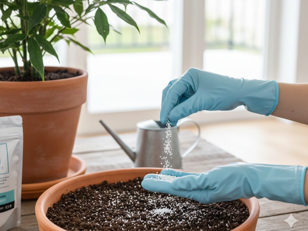 室内で、日本人の園芸愛好家が観葉植物の鉢の土に浸透移行性粒剤(薬剤)を正確に撒布している様子