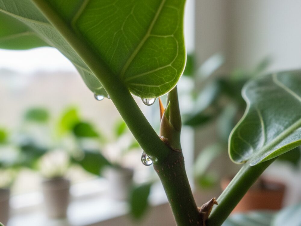 ウンベラータなど、健康な植物の葉の付け根から滲み出ている無色透明な花外蜜腺の蜜のクローズアップ