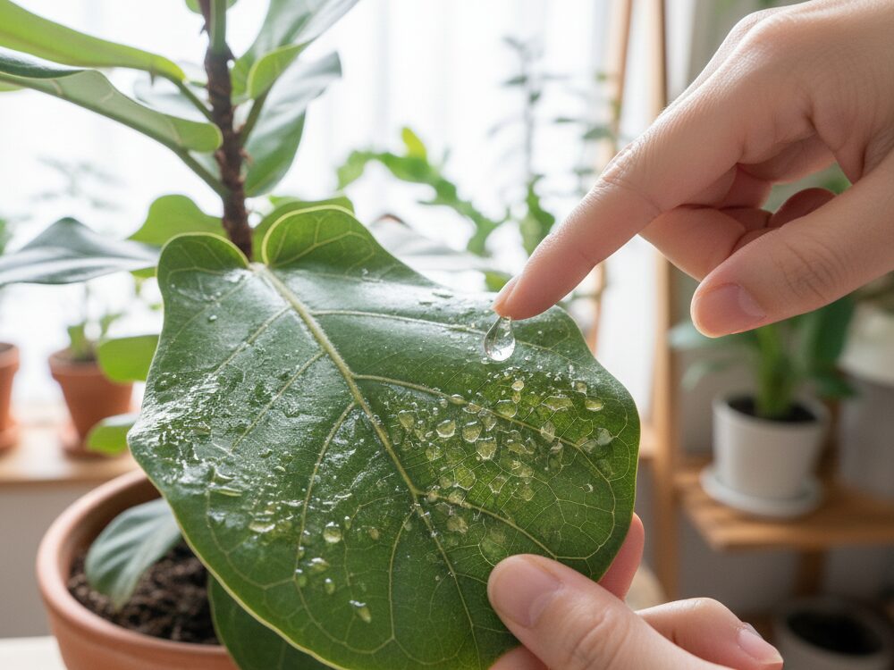観葉植物の葉に付着した透明でテカテカしたベタベタ(甘露)のクローズアップ画像と、それを指摘する専門家(日本人)の手元
