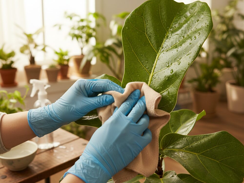 日本人の手元が、柔らかい布を使い、優しく観葉植物のベタベタした葉を水拭きして掃除している様子