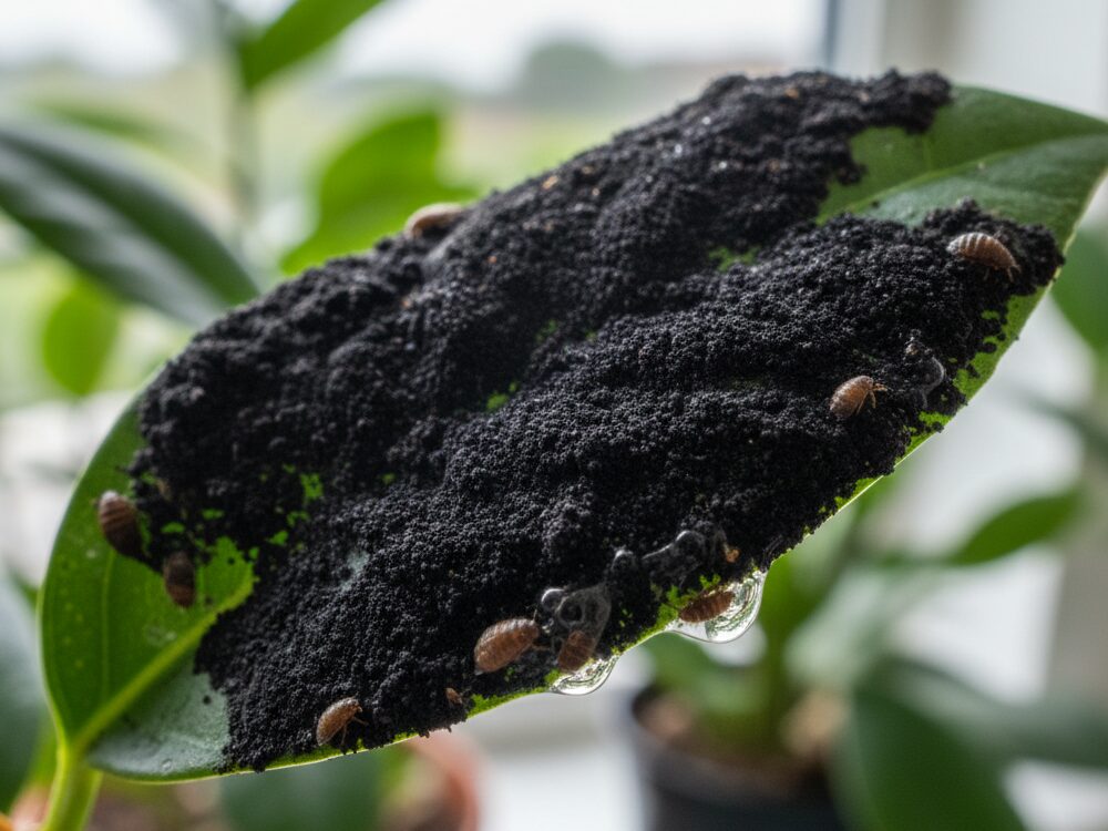 カイガラムシの排泄物が原因で発生した、葉の表面を黒い煤のように覆う「すす病」の状態を捉えた画像