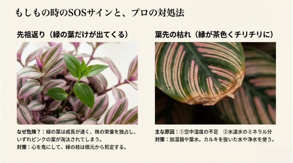 緑の葉が出た「先祖返り」の状態と、葉先が茶色く枯れた状態の写真、およびそれぞれの剪定や湿度管理の対策まとめ