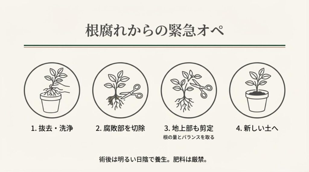 根の洗浄、腐敗部の切除、地上部の剪定、新しい土への植え替えの手順を示すアイコン付き図解
