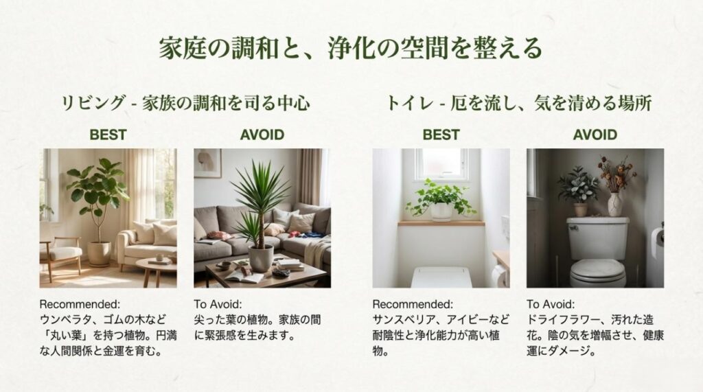 リビングには調和を生む「丸い葉」、トイレには浄化能力の高い「サンスベリア」等が適していることを解説した比較表スライド