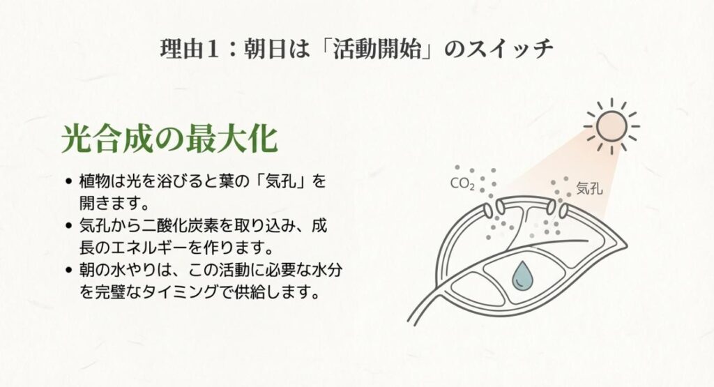 植物の葉の気孔が開くイラスト。「朝日は活動開始のスイッチ」と題し、光を浴びて気孔が開き、二酸化炭素を取り込んでエネルギーを作る光合成の仕組みを図解したスライド