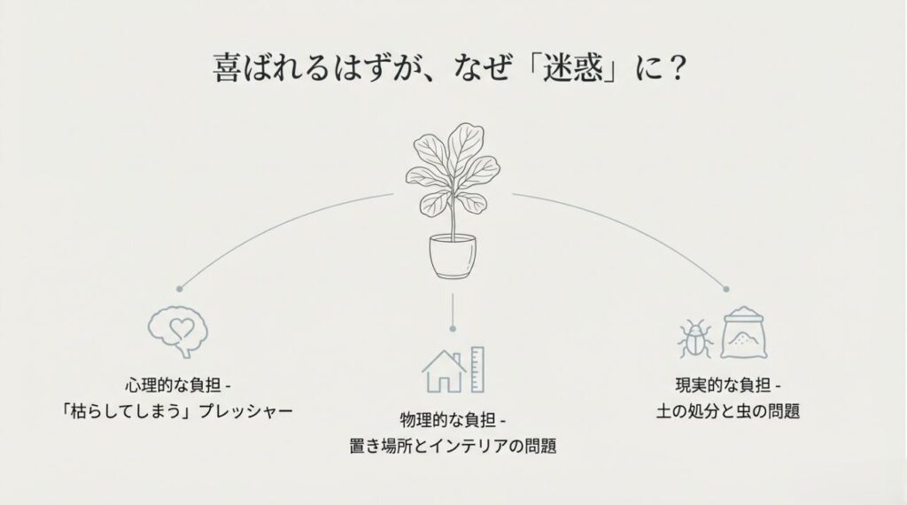 心理的負担、物理的負担、現実的負担の3つのカテゴリーに分けられた迷惑な理由のリスト