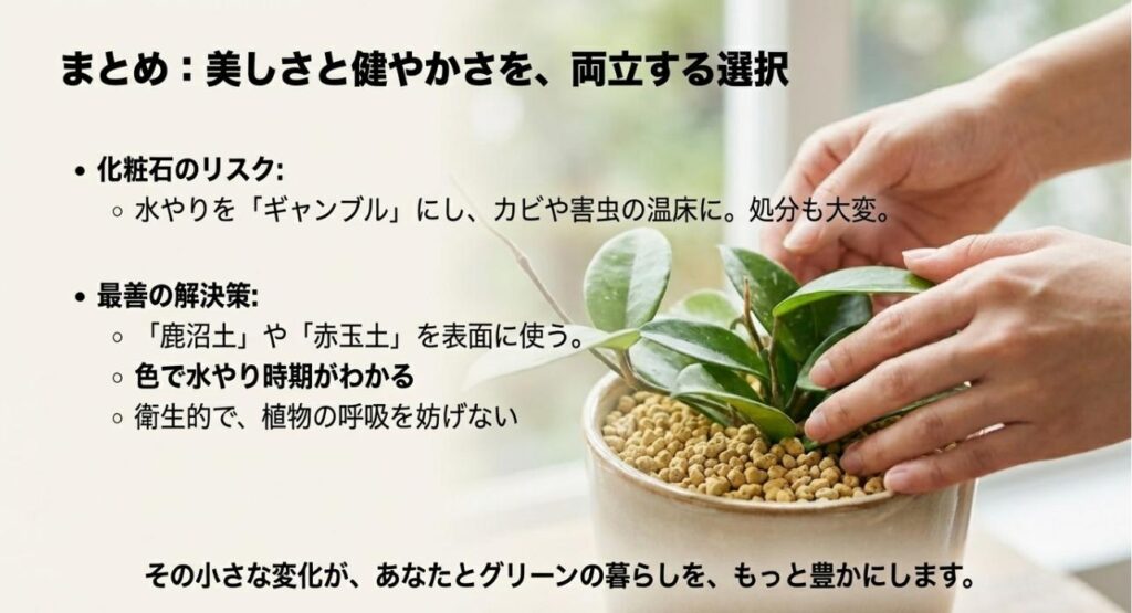 化粧石の水やりや処分のリスクと、解決策としての鹿沼土・赤玉土のメリットを箇条書きにしたまとめスライド