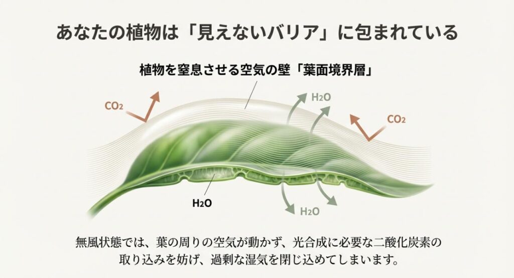 葉の周りに滞留する空気の壁が二酸化炭素の取り込みや蒸散を阻害する仕組みの図解