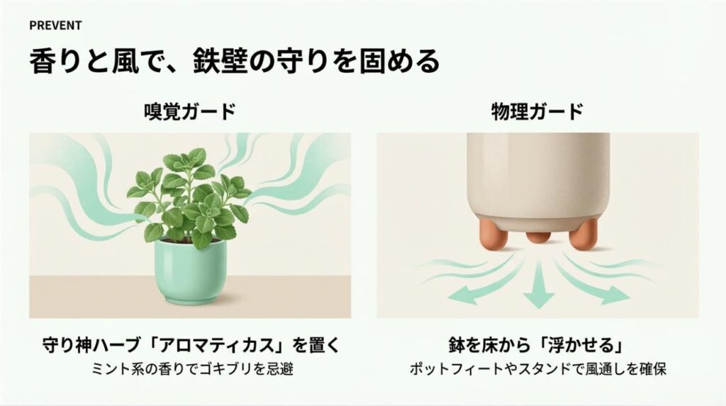 アロマティカスの香りとポットフィートで鉢を浮かせることによる物理的・嗅覚的な防御策の解説