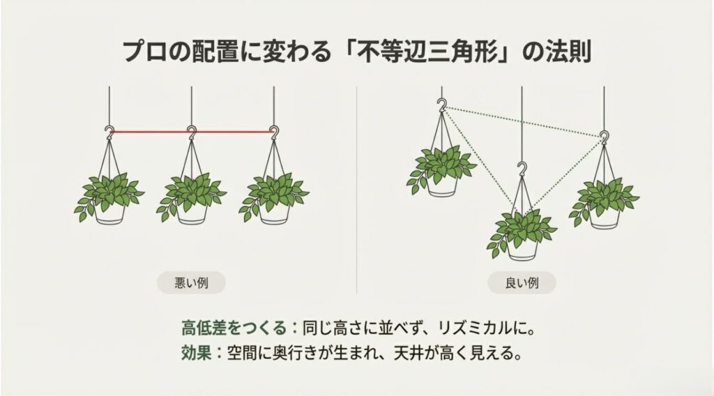 同じ高さに並べる悪い例と、高低差をつけて三角形に配置する良い例の比較図